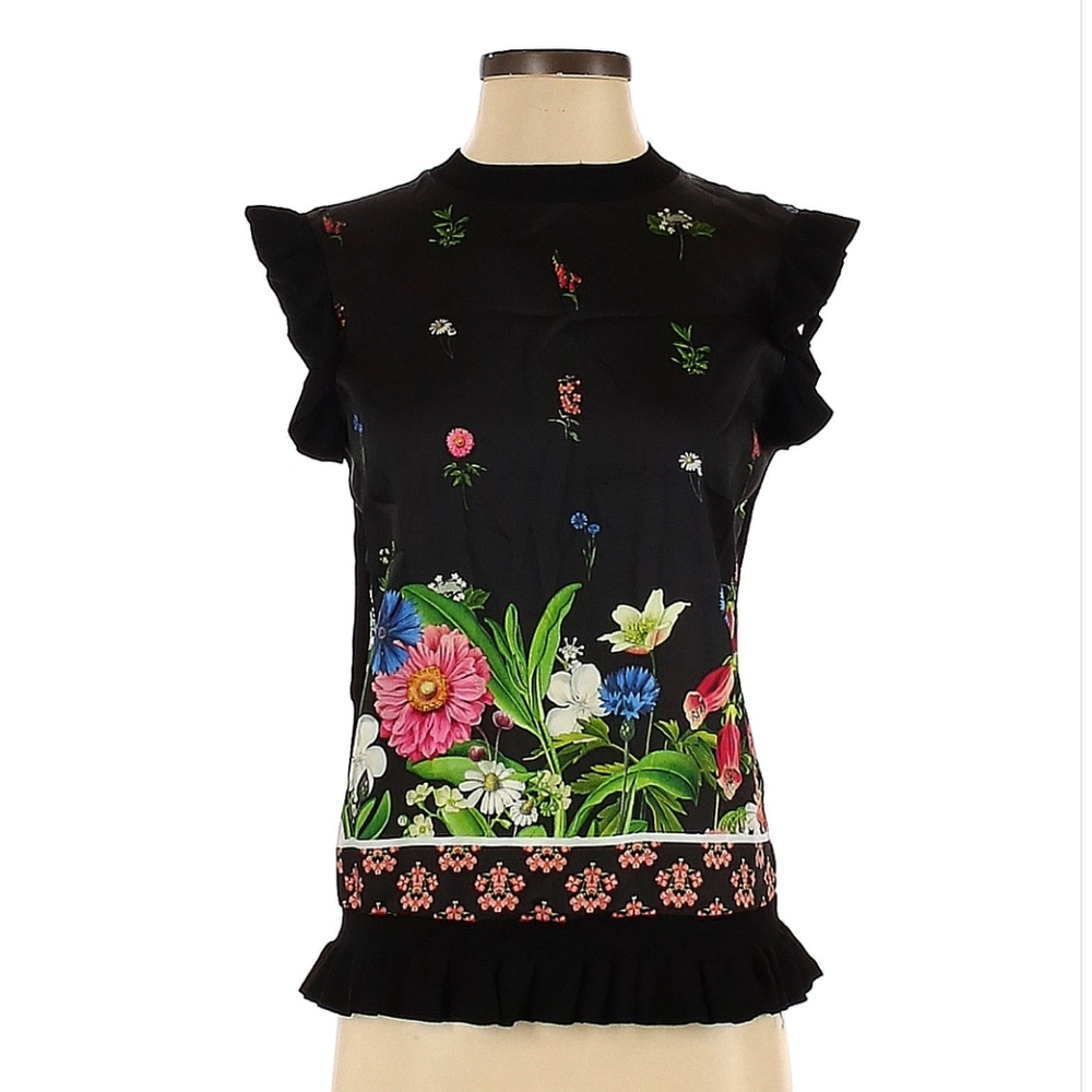 Ted Baker Myshell Florence Sleeves Ruffle Black Floral Top Size 8 (TB 3) - Picture 3 of 10